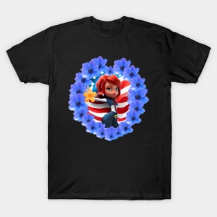 Flag of the United States flies high along with beautiful heart-shaped flowers. T-Shirt